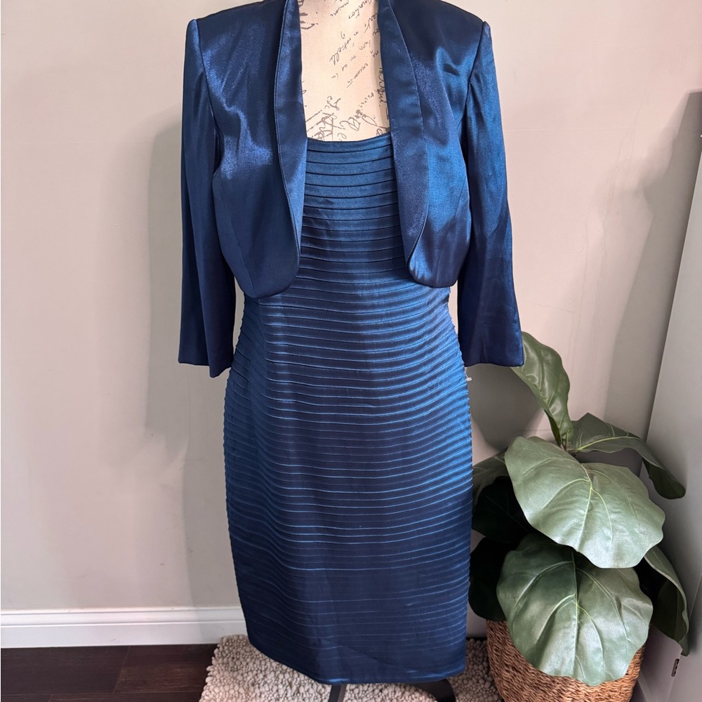 R&M Richards Teal Shimmer Dress Jacket Set Size 14 Formal Wedding Guest Evening